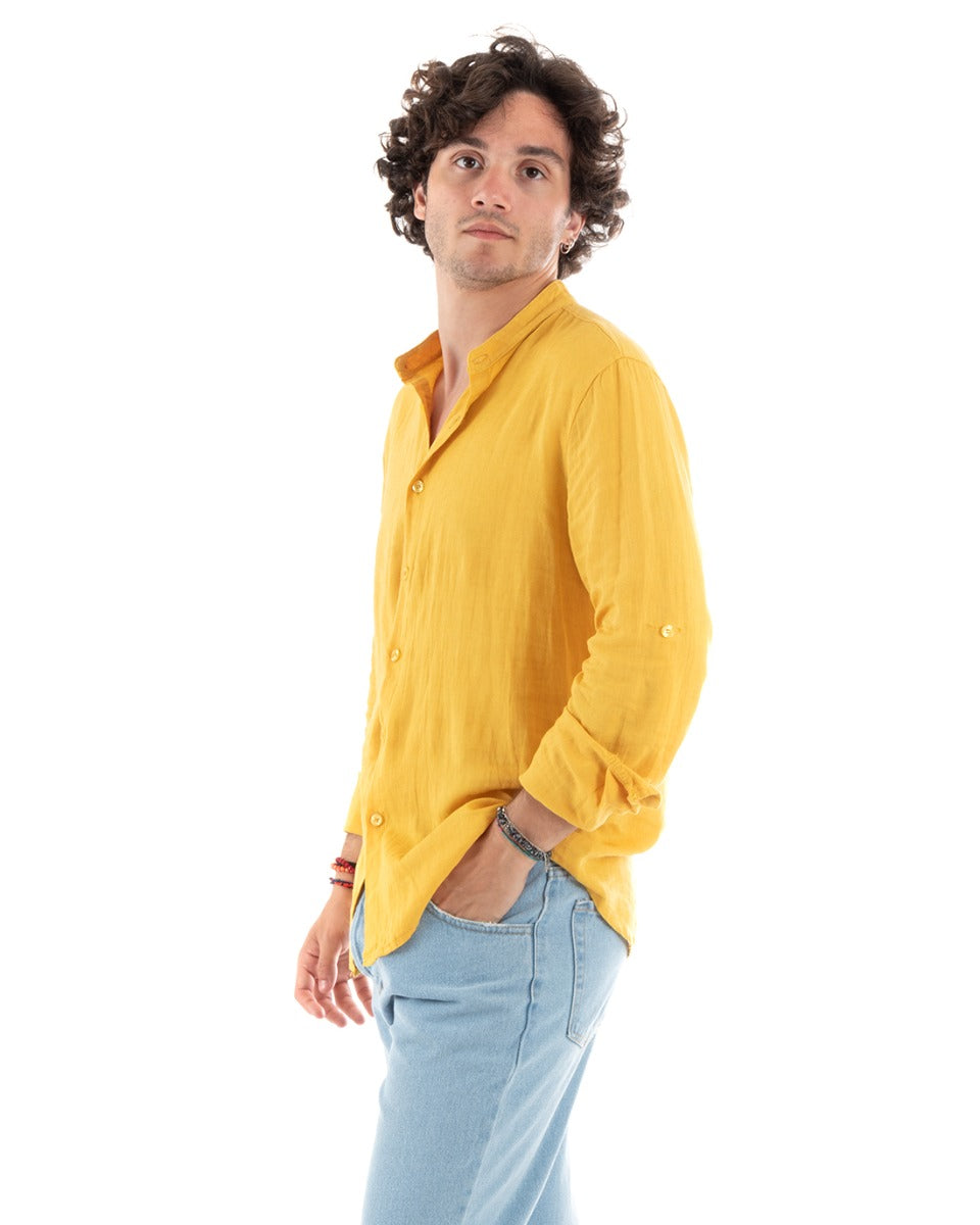 Camicia Uomo Lino Collo Coreano Slim Fit Basic Morbida Lavata Tinta Unita Senape GIOSAL-C2778A