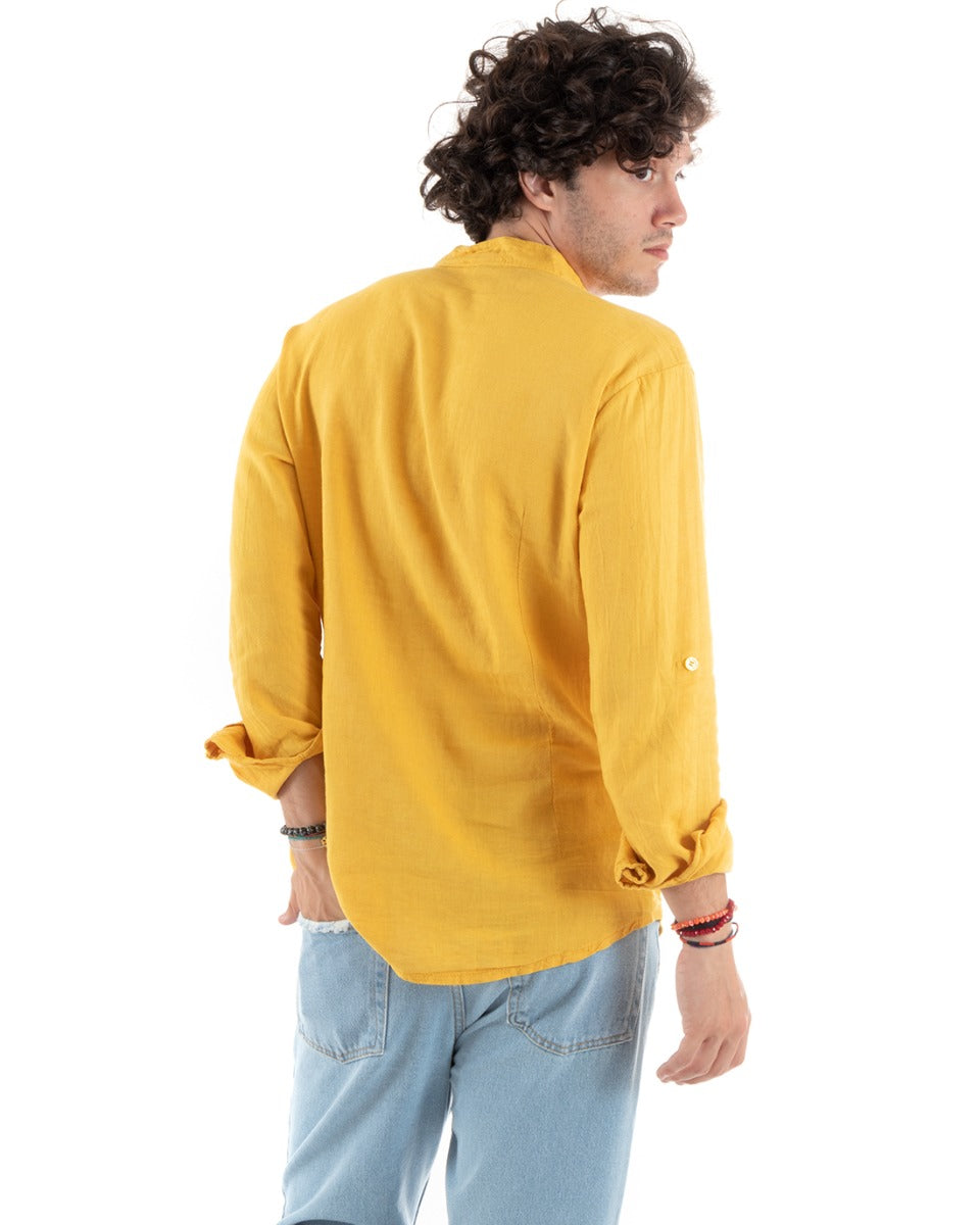 Camicia Uomo Lino Collo Coreano Slim Fit Basic Morbida Lavata Tinta Unita Senape GIOSAL-C2778A