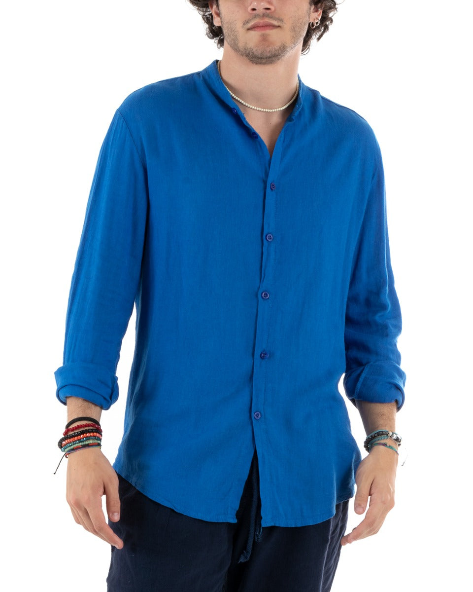 Camicia Uomo Lino Collo Coreano Slim Fit Basic Morbida Lavata Tinta Unita Blu Royal GIOSAL-C2779A