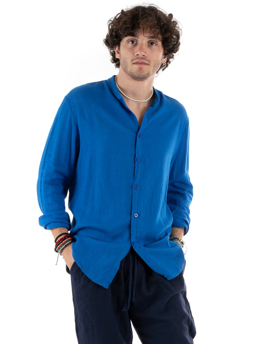 Camicia Uomo Lino Collo Coreano Slim Fit Basic Morbida Lavata Tinta Unita Blu Royal GIOSAL-C2779A