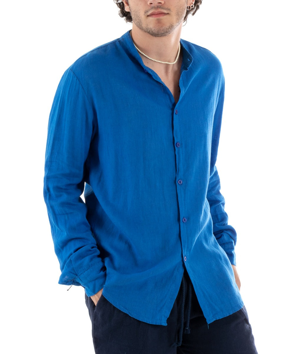 Camicia Uomo Lino Collo Coreano Slim Fit Basic Morbida Lavata Tinta Unita Blu Royal GIOSAL-C2779A