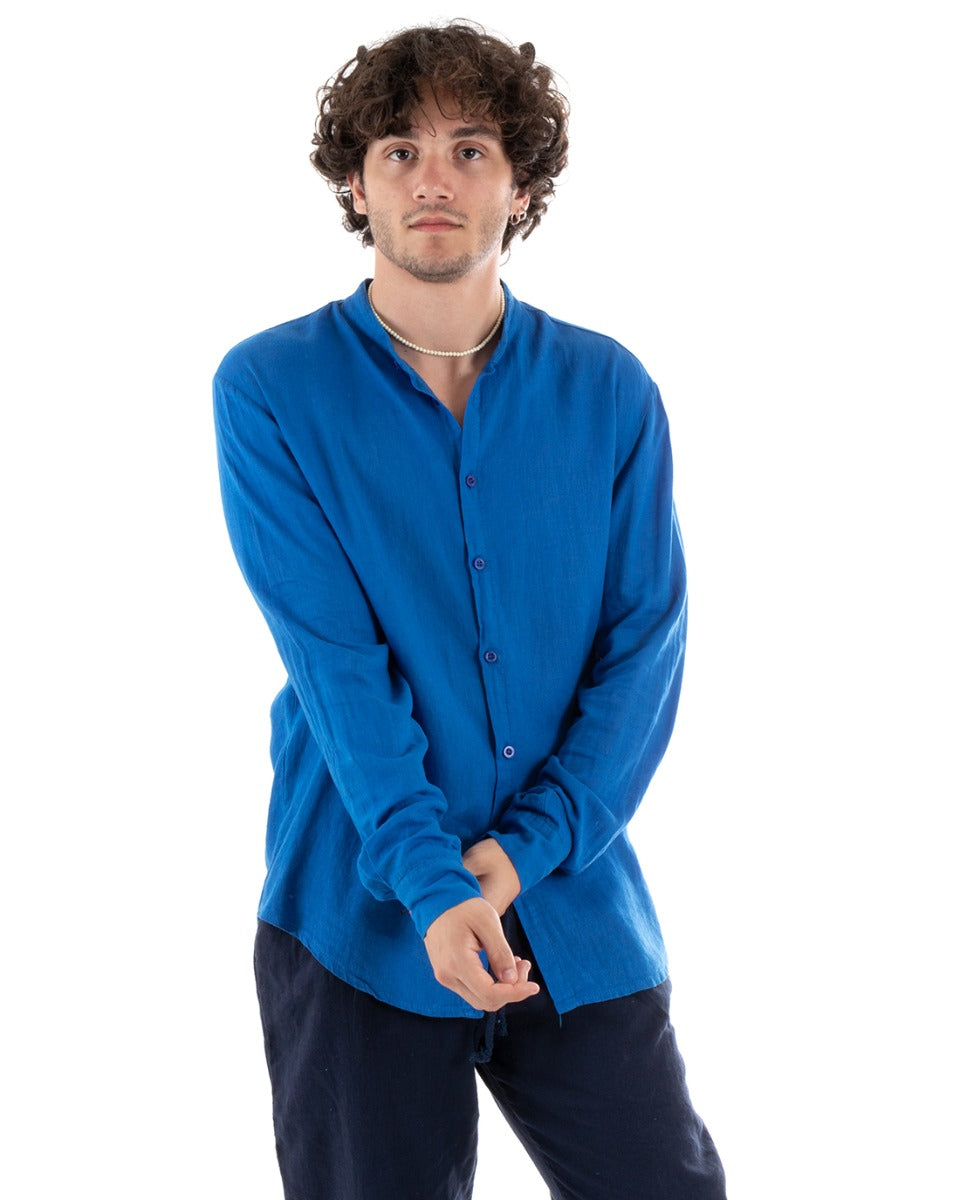 Camicia Uomo Collo Coreano Slim Fit Lino Tinta Unita Maniche Lunghe Blu Royal GIOSAL-C2779A