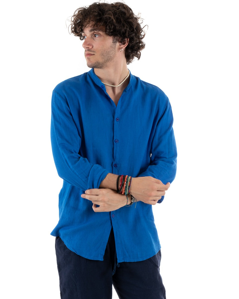Camicia Uomo Collo Coreano Slim Fit Lino Tinta Unita Maniche Lunghe Blu Royal GIOSAL-C2779A