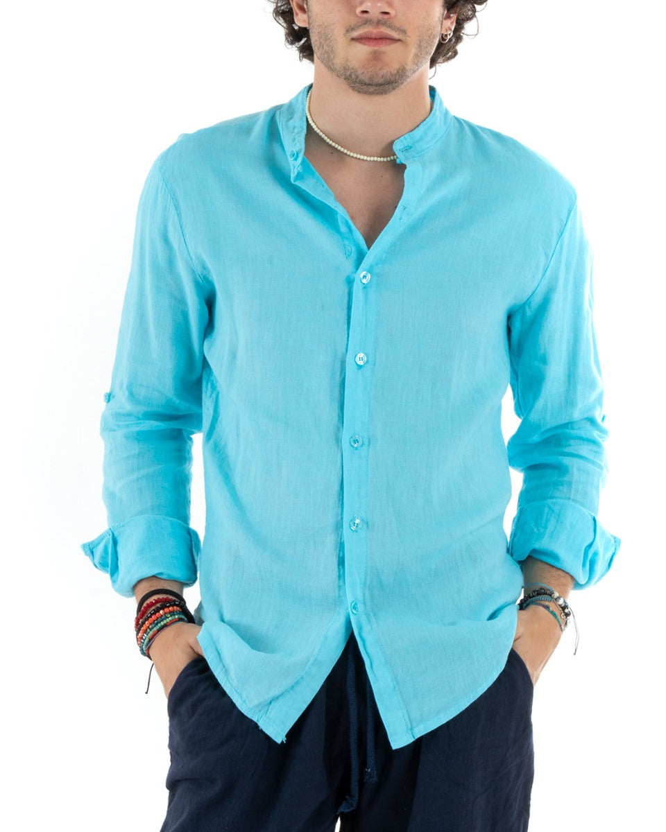 Camicia Uomo Lino Collo Coreano Slim Fit Basic Morbida Lavata Tinta Unita Turchese GIOSAL-C2780A