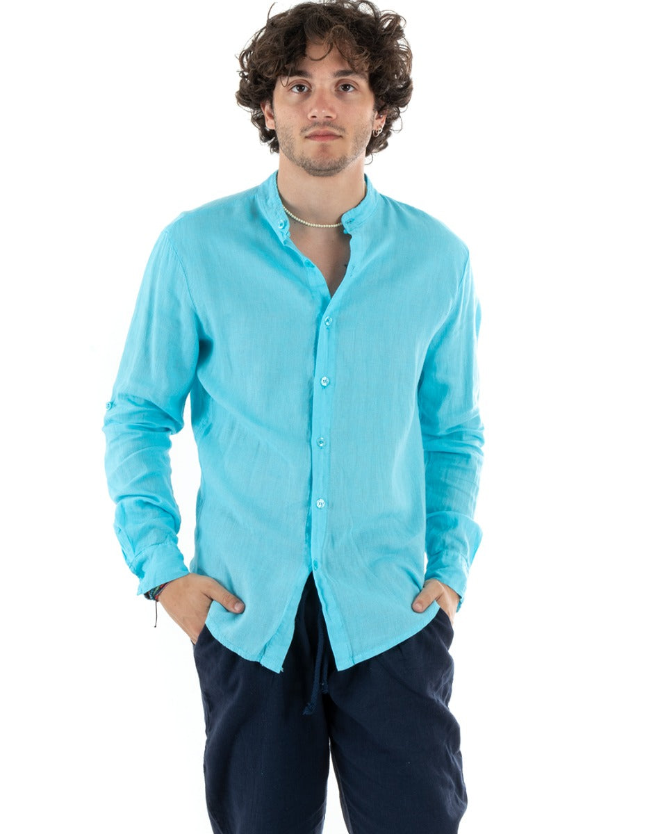 Camicia Uomo Collo Coreano Slim Fit Lino Tinta Unita Maniche Lunghe Azzurro GIOSAL-C2780A