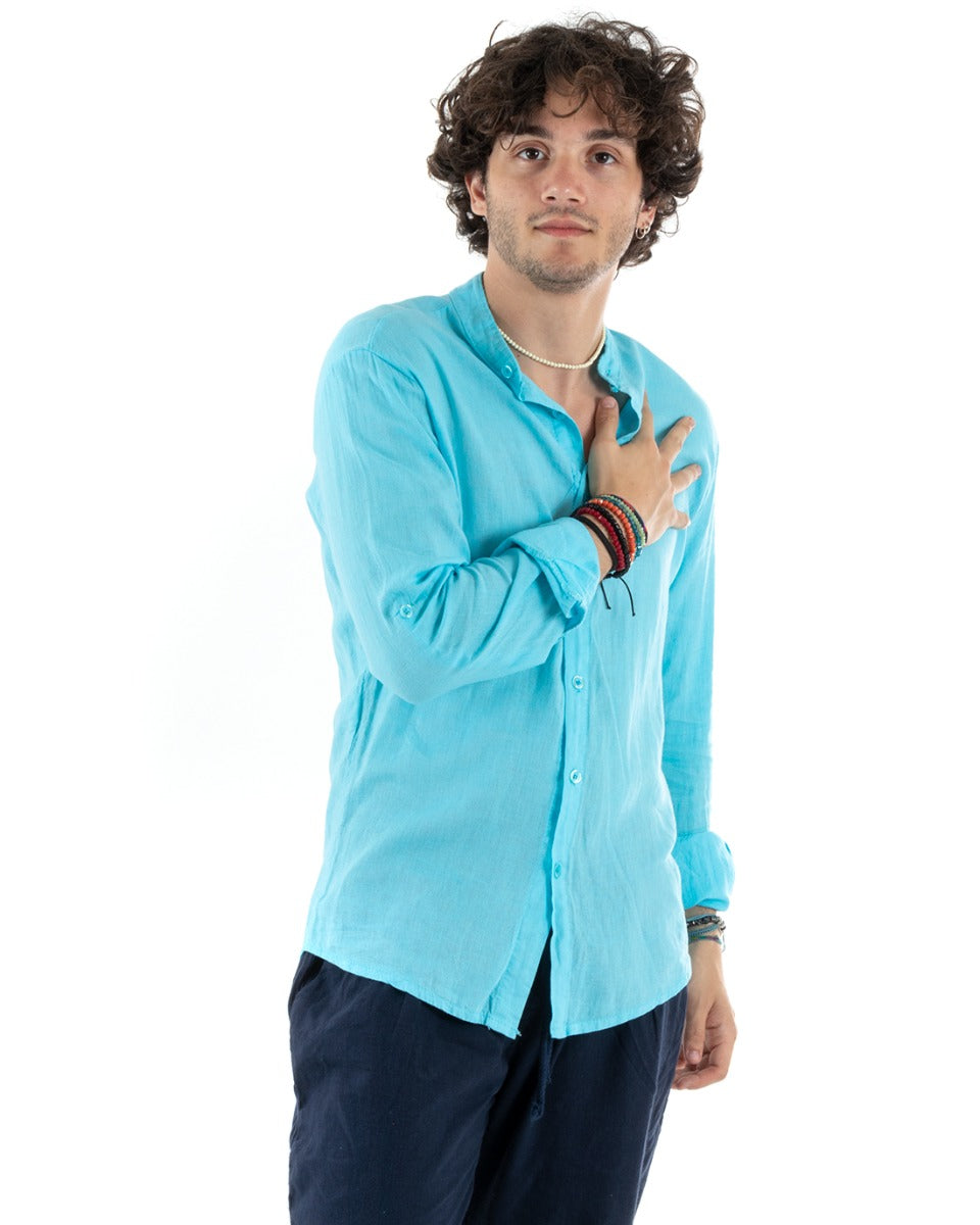 Camicia Uomo Collo Coreano Slim Fit Lino Tinta Unita Maniche Lunghe Azzurro GIOSAL-C2780A