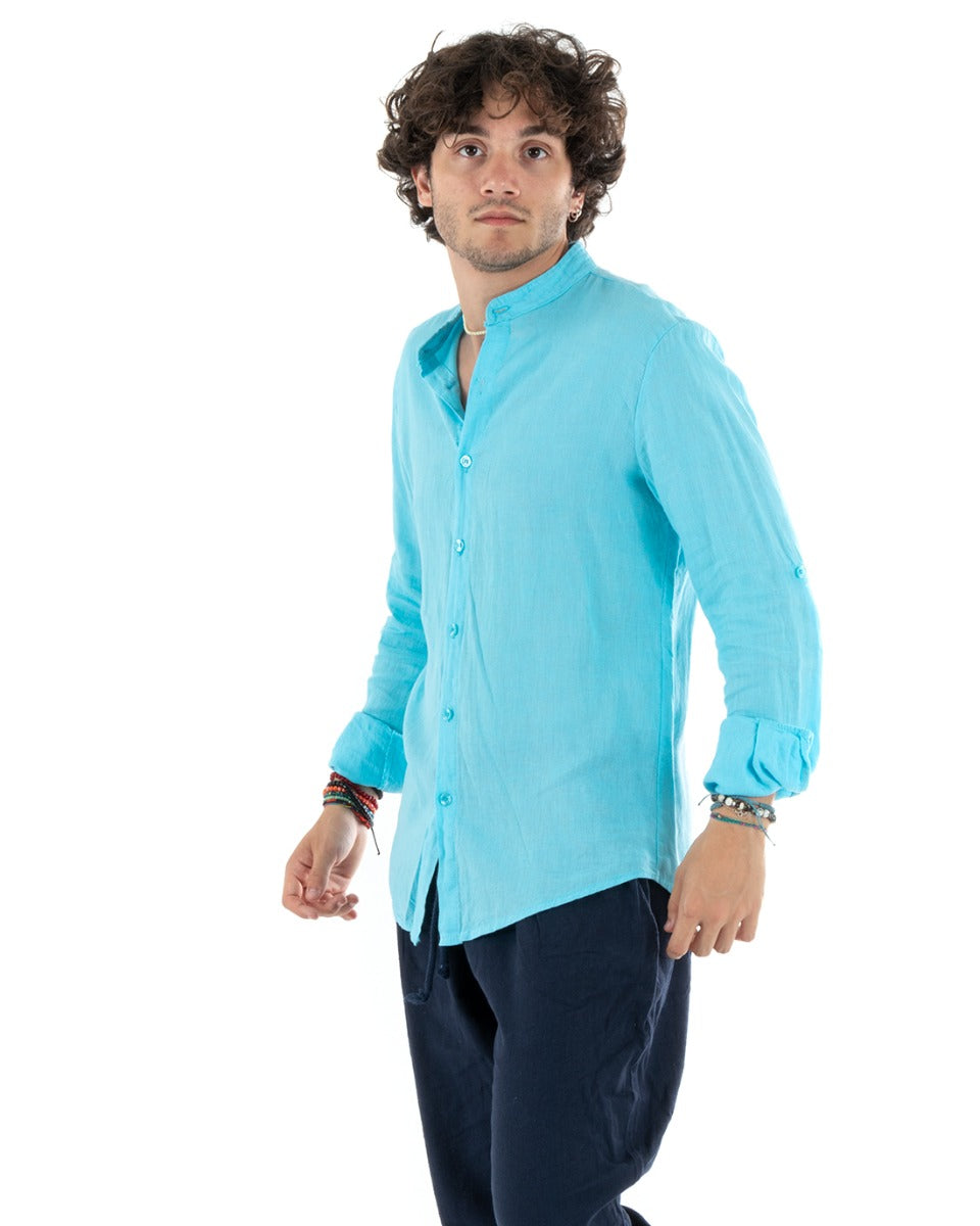 Camicia Uomo Lino Collo Coreano Slim Fit Basic Morbida Lavata Tinta Unita Turchese GIOSAL-C2780A