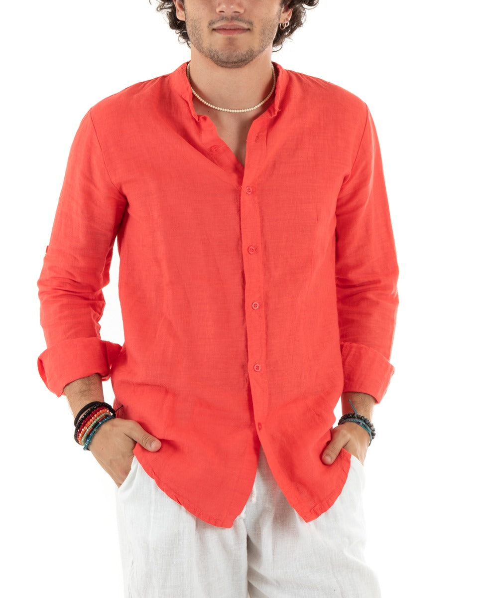 Camicia Uomo Lino Collo Coreano Slim Fit Basic Morbida Lavata Tinta Unita Corallo GIOSAL-C2781A