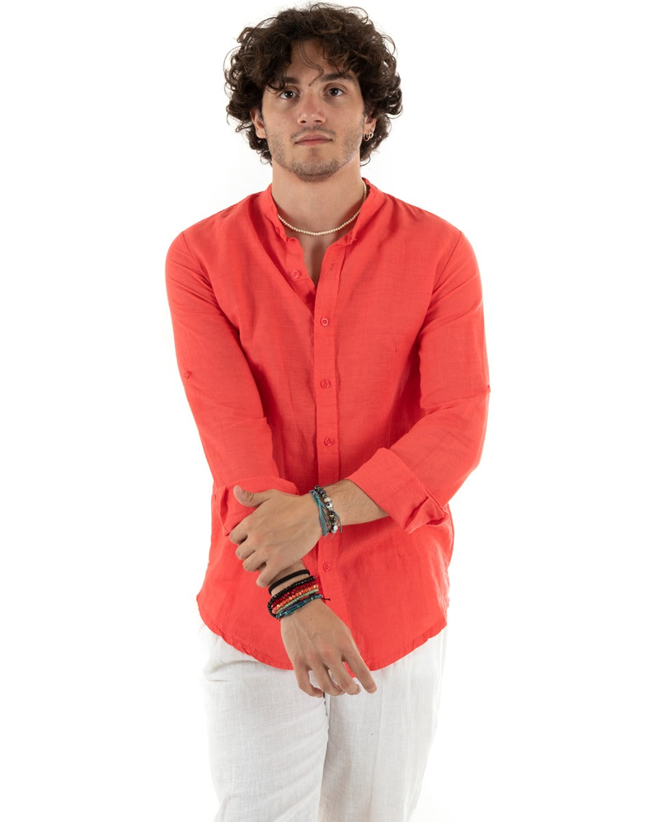 Camicia Uomo Lino Collo Coreano Slim Fit Basic Morbida Lavata Tinta Unita Corallo GIOSAL-C2781A