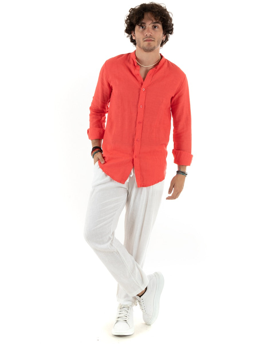 Camicia Uomo Lino Collo Coreano Slim Fit Basic Morbida Lavata Tinta Unita Corallo GIOSAL-C2781A