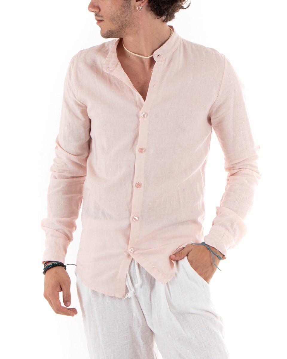 Camicia Uomo Lino Collo Coreano Slim Fit Basic Morbida Lavata Tinta Unita Rosa GIOSAL-C2782A