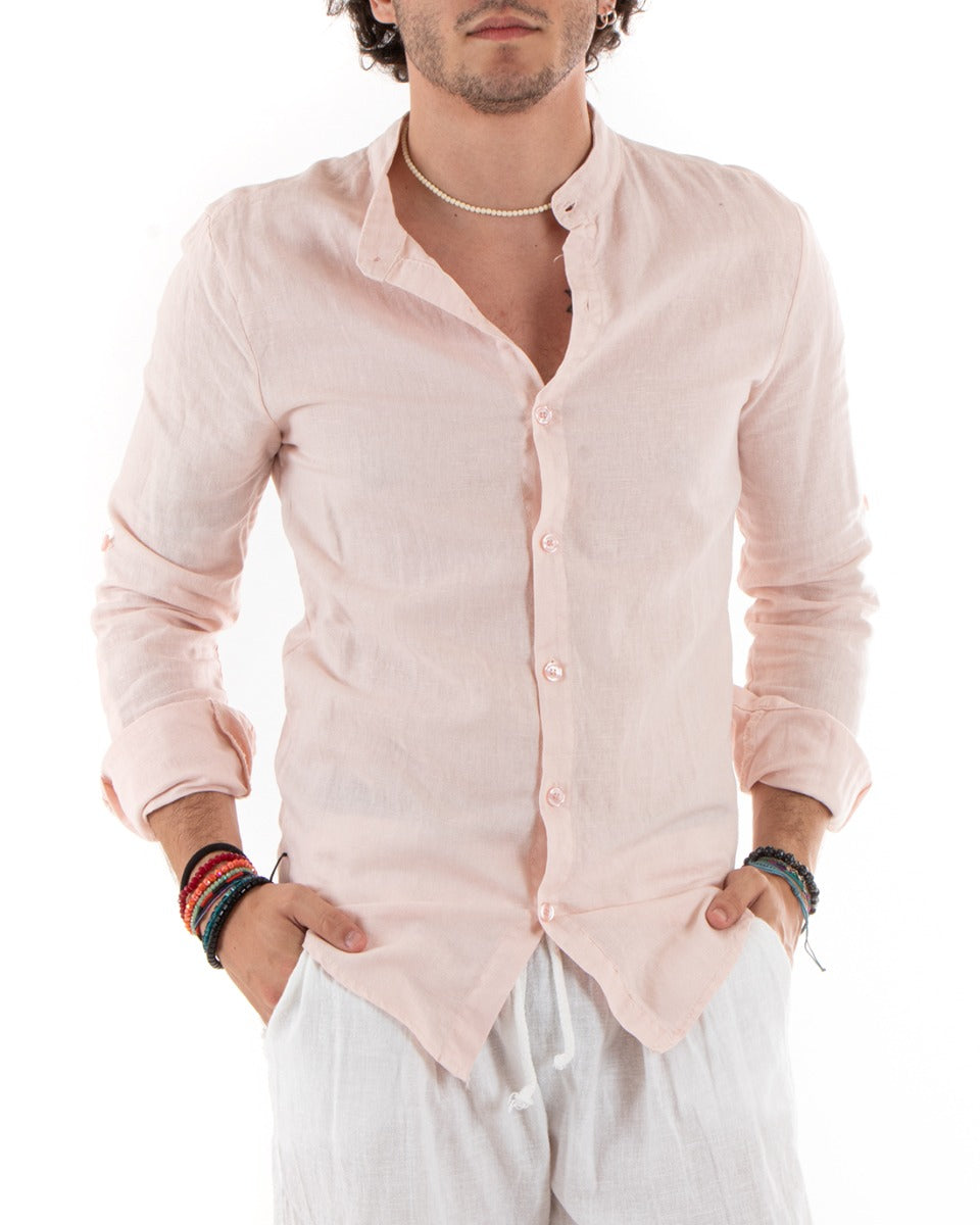 Camicia Uomo Lino Collo Coreano Slim Fit Basic Morbida Lavata Tinta Unita Rosa GIOSAL-C2782A