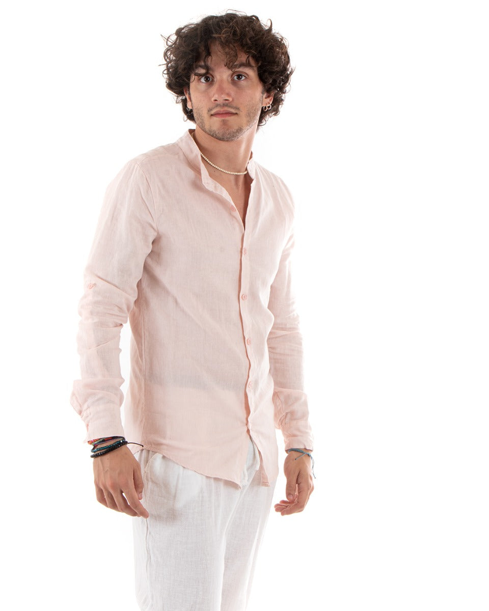Camicia Uomo Lino Collo Coreano Slim Fit Basic Morbida Lavata Tinta Unita Rosa GIOSAL-C2782A
