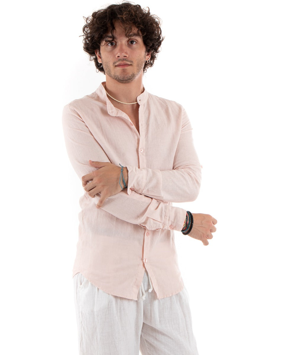 Camicia Uomo Lino Collo Coreano Slim Fit Basic Morbida Lavata Tinta Unita Rosa GIOSAL-C2782A