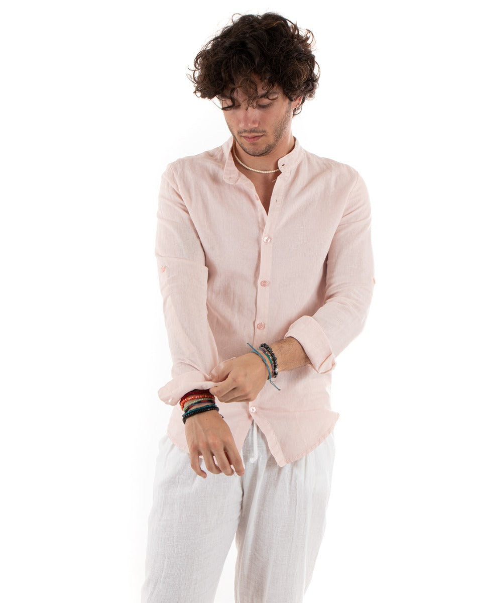 Camicia Uomo Lino Collo Coreano Slim Fit Basic Morbida Lavata Tinta Unita Rosa GIOSAL-C2782A
