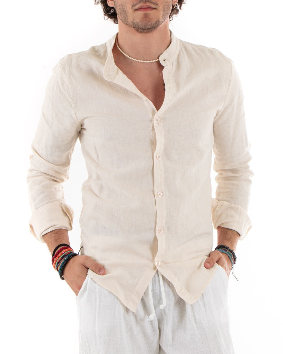 Camicia Uomo Lino Collo Coreano Slim Fit Basic Morbida Lavata Tinta Unita Beige GIOSAL-C2783A