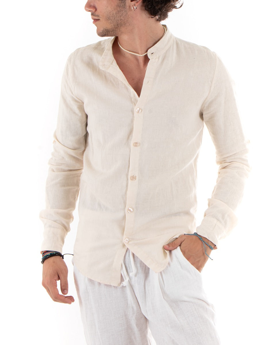Camicia Uomo Lino Collo Coreano Slim Fit Basic Morbida Lavata Tinta Unita Beige GIOSAL-C2783A