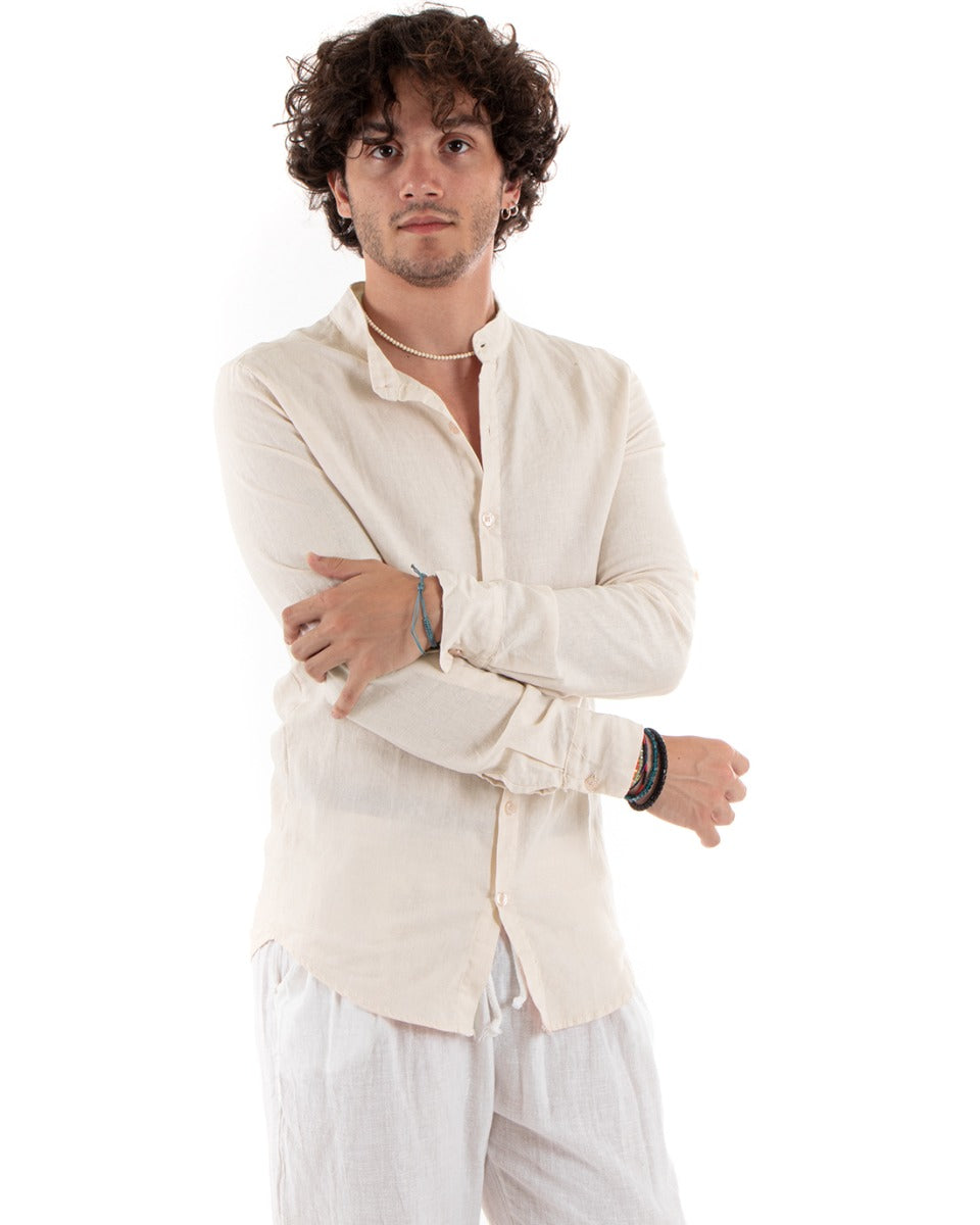 Camicia Uomo Lino Collo Coreano Slim Fit Basic Morbida Lavata Tinta Unita Beige GIOSAL-C2783A