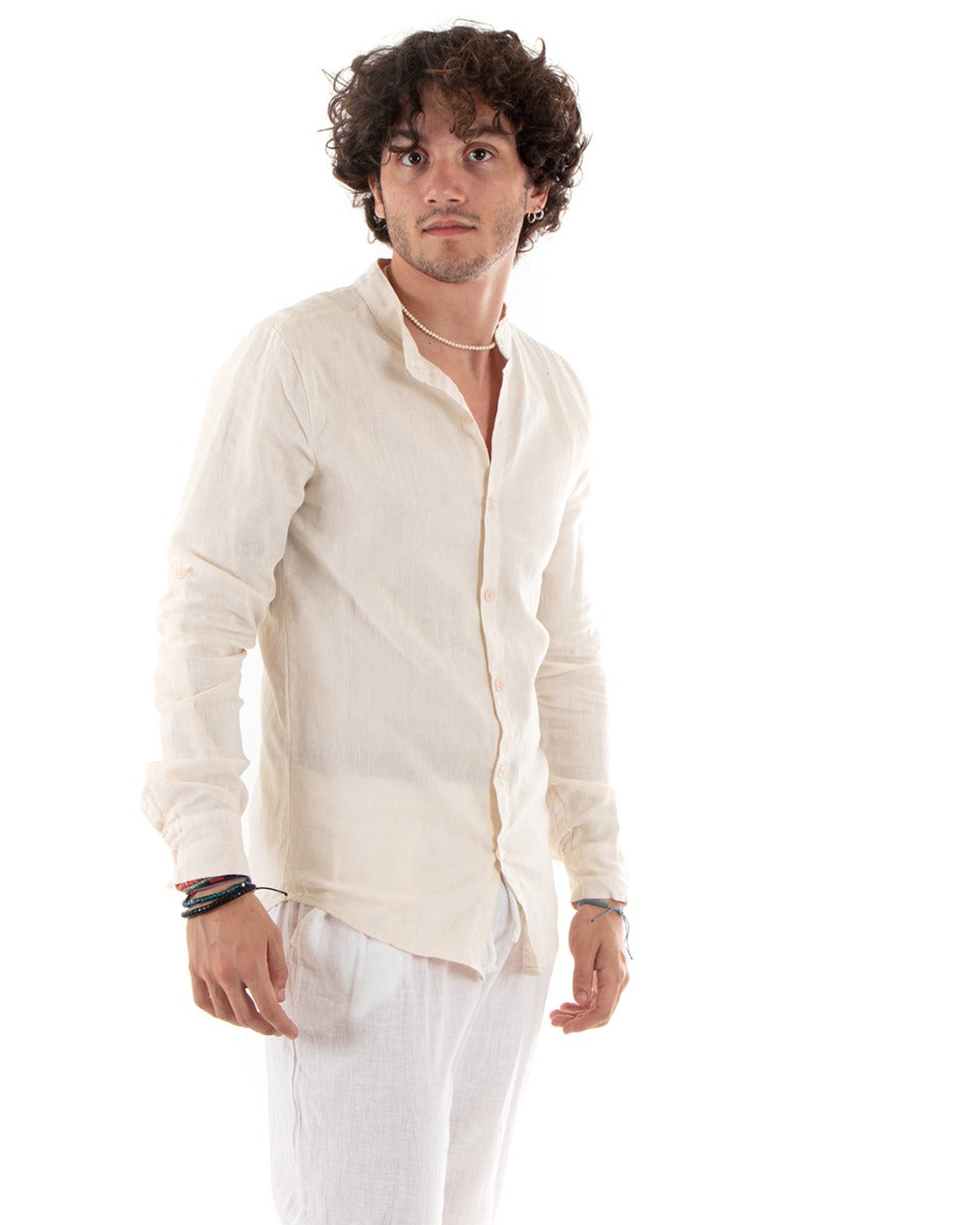 Camicia Uomo Lino Collo Coreano Slim Fit Basic Morbida Lavata Tinta Unita Beige GIOSAL-C2783A