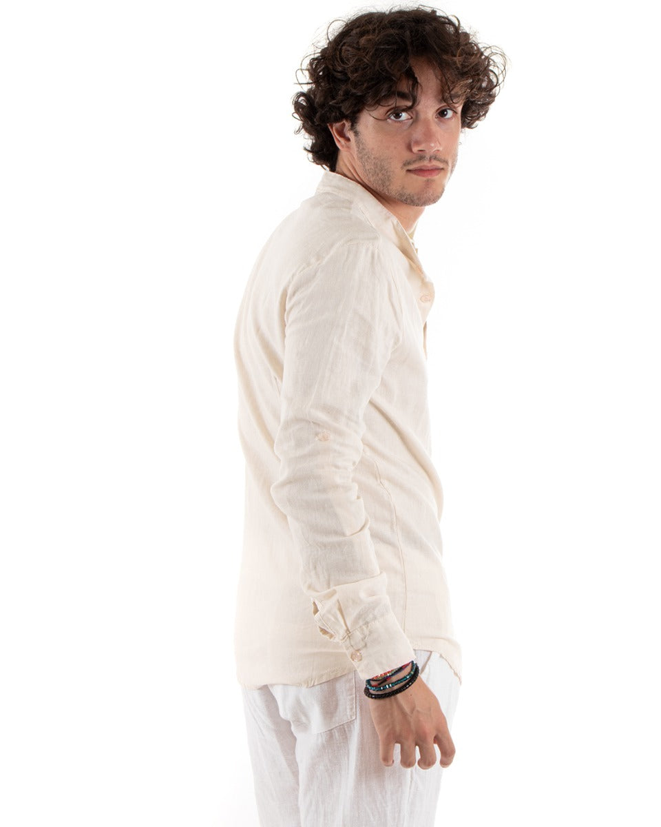 Camicia Uomo Lino Collo Coreano Slim Fit Basic Morbida Lavata Tinta Unita Beige GIOSAL-C2783A