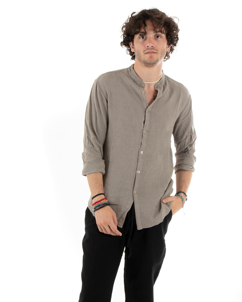 Camicia Uomo Lino Collo Coreano Slim Fit Basic Morbida Lavata Tinta Unita Fango GIOSAL-C2784A