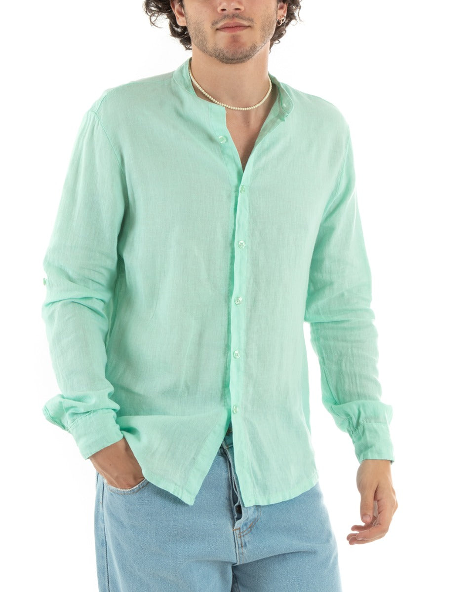 Men's Shirt Korean Collar Slim Fit Linen Solid Color Long Sleeves Aqua Green GIOSAL-C2887A