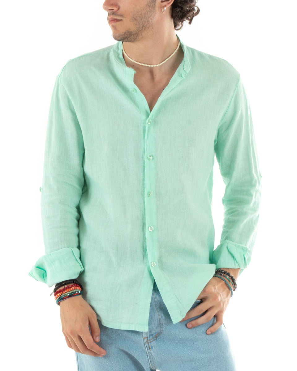 Camicia Uomo Lino Collo Coreano Slim Fit Basic Morbida Lavata Tinta Unita Verde Acqua GIOSAL-C2785A