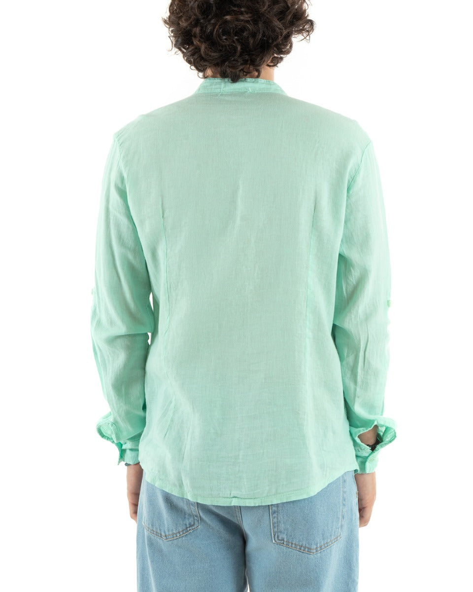 Camicia Uomo Lino Collo Coreano Slim Fit Basic Morbida Lavata Tinta Unita Verde Acqua GIOSAL-C2785A