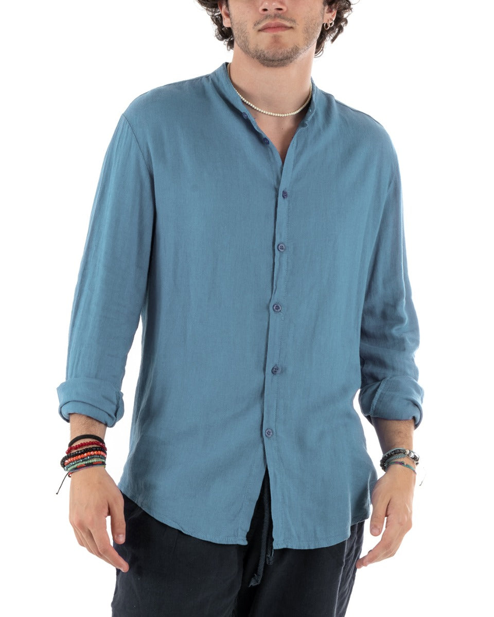 Men's Shirt Korean Collar Slim Fit Linen Solid Color Long Sleeves Air Force Blue GIOSAL-C2884A