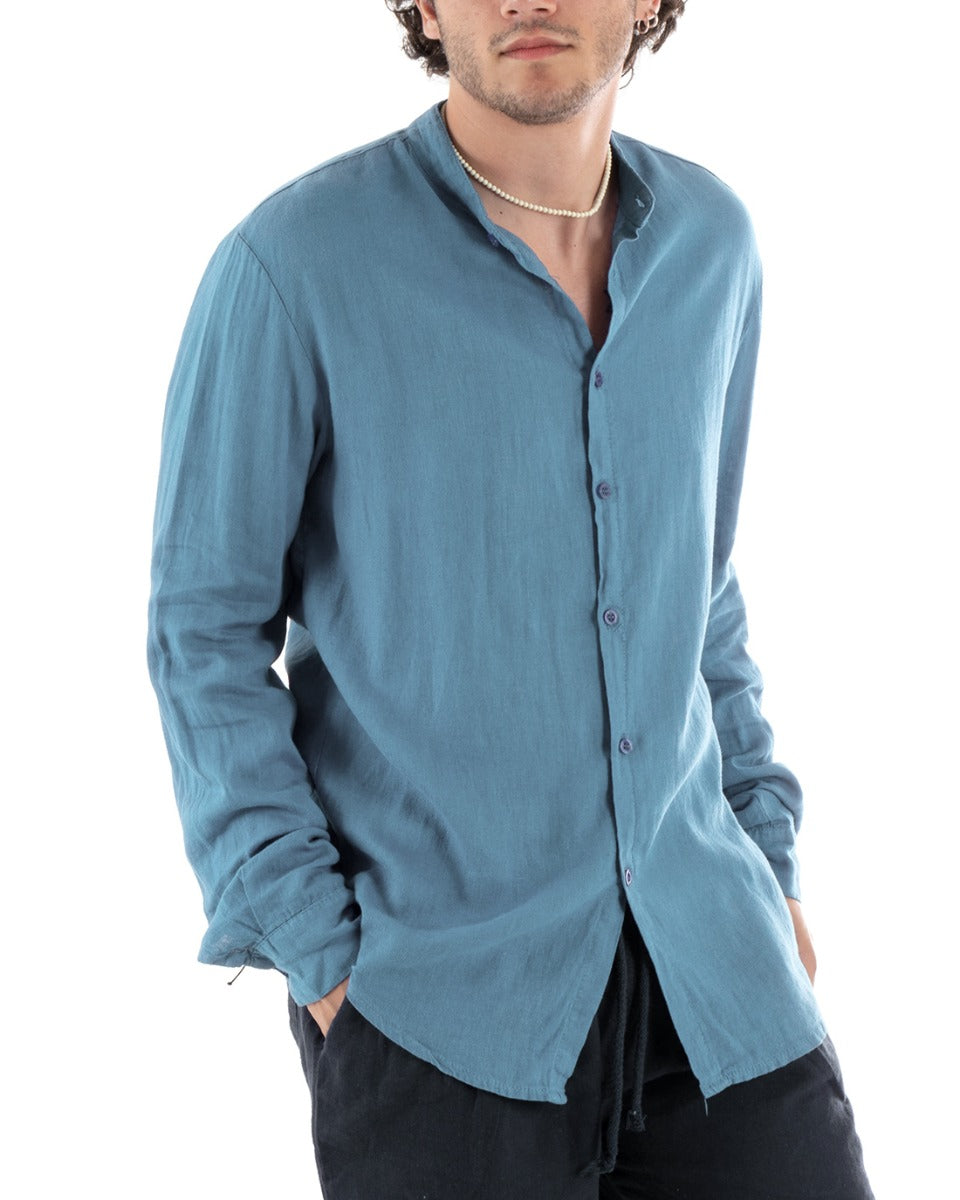 Men's Shirt Korean Collar Slim Fit Linen Solid Color Long Sleeves Air Force Blue GIOSAL-C2884A