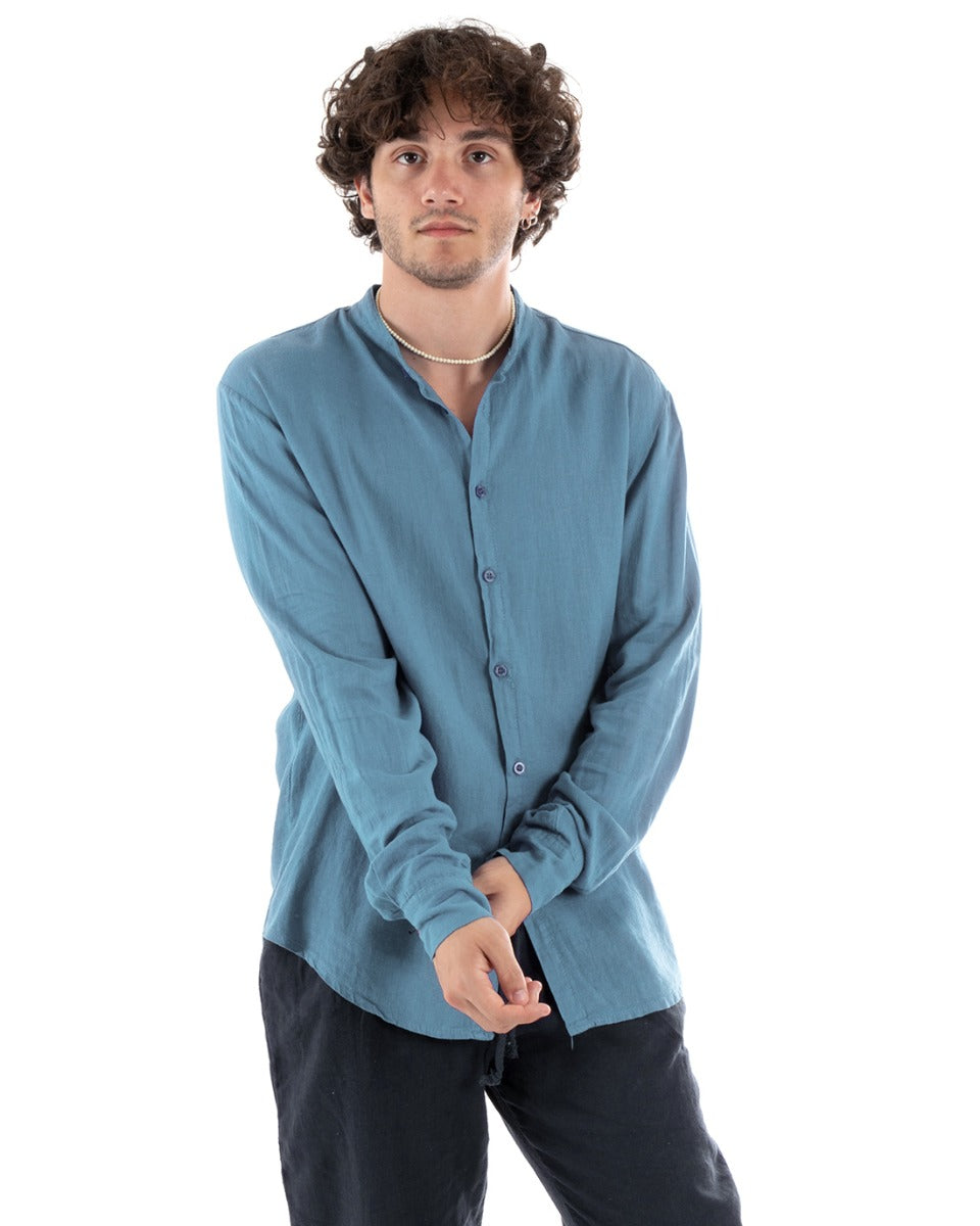 Men's Shirt Korean Collar Slim Fit Linen Solid Color Long Sleeves Air Force Blue GIOSAL-C2884A