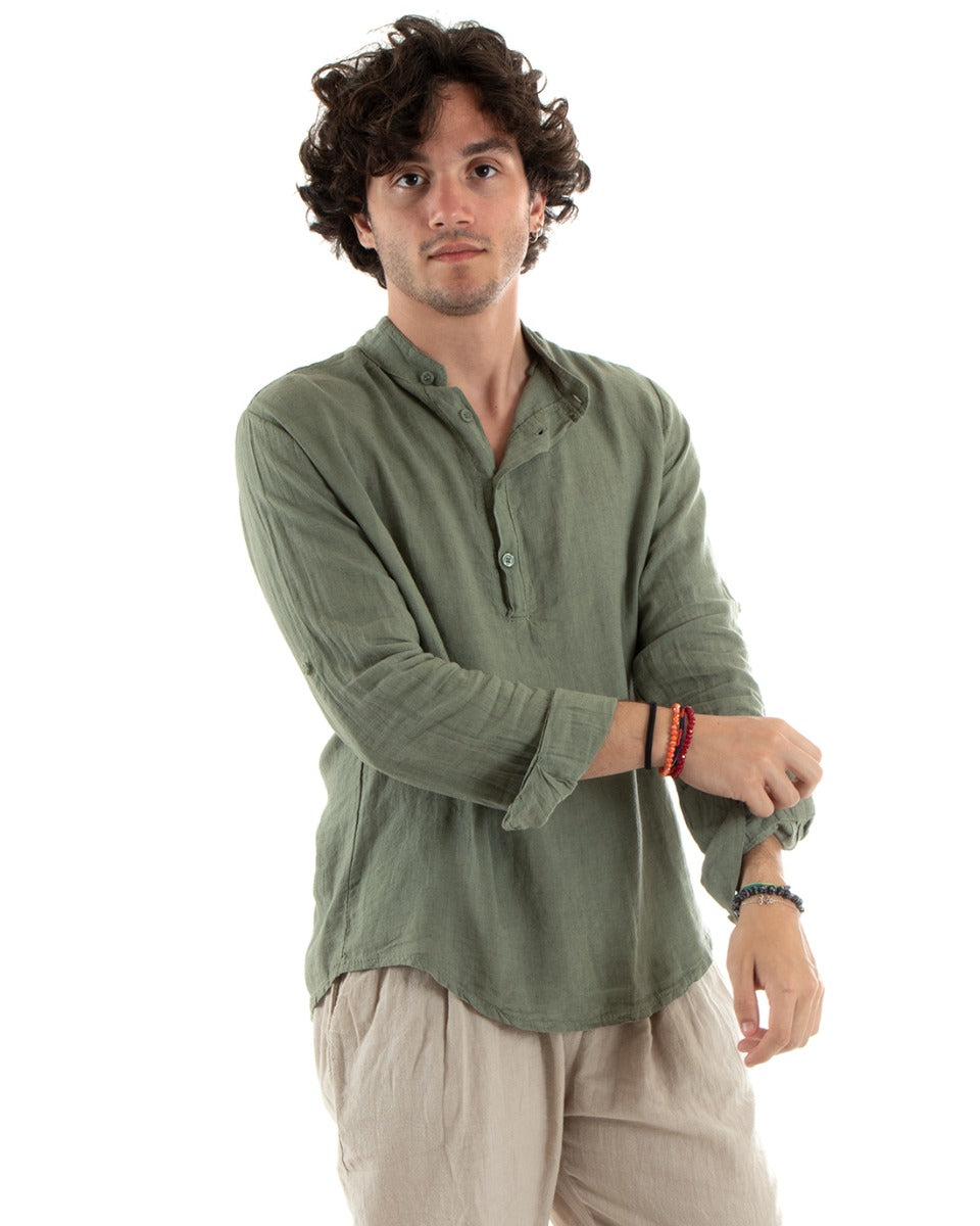 Camicia Uomo Lino Collo Serafino Mezzo Bottone Tinta Unita Casacca Verde GIOSAL-C2899A