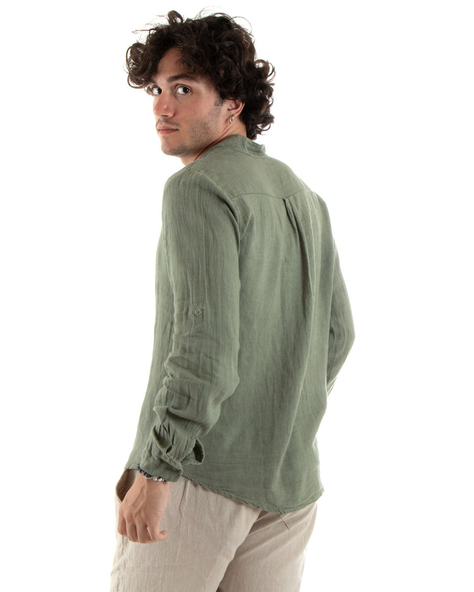 Camicia Uomo Lino Collo Serafino Mezzo Bottone Tinta Unita Casacca Verde GIOSAL-C2899A