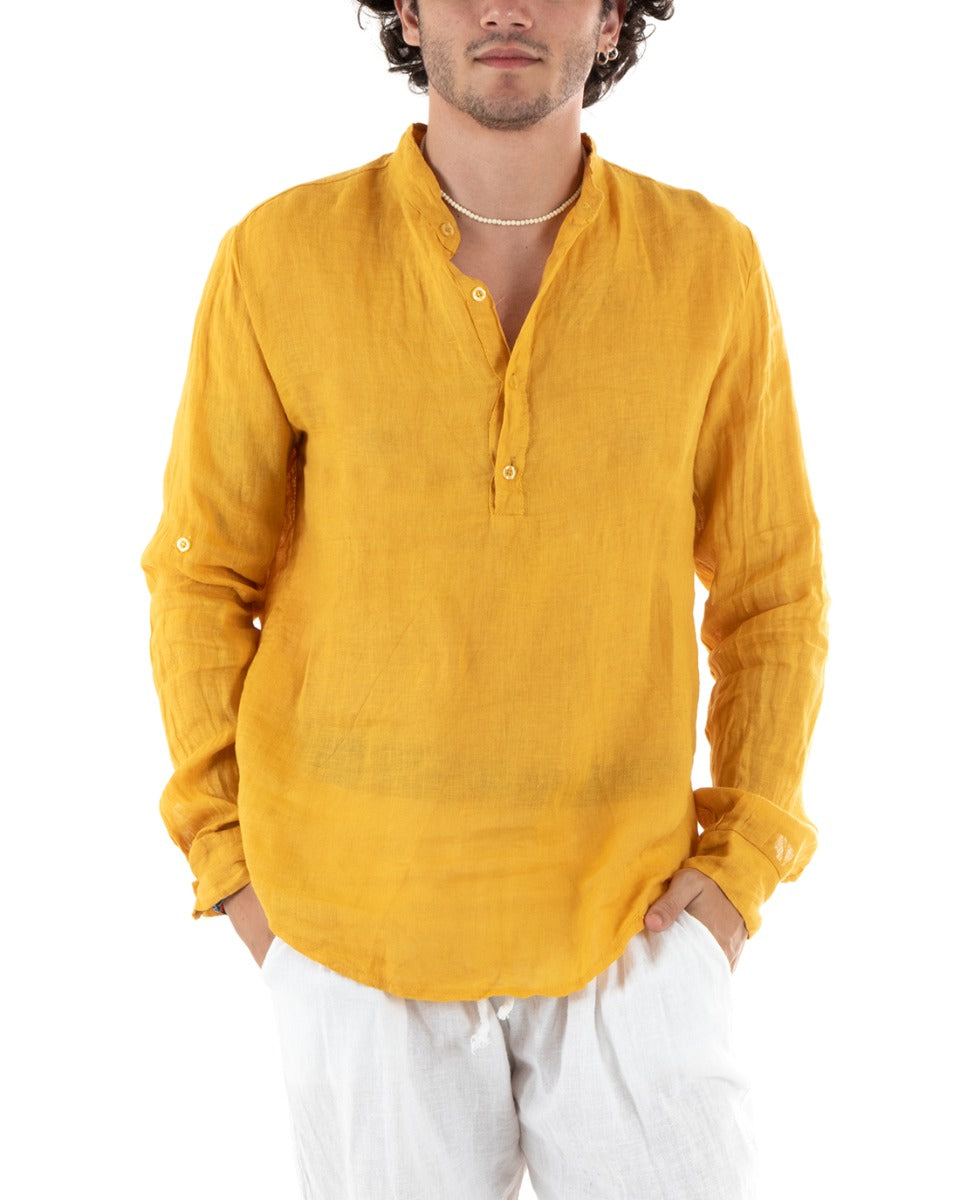Camicia Uomo Lino Collo Serafino Mezzo Bottone Tinta Unita Casacca Senape GIOSAL-C2798A