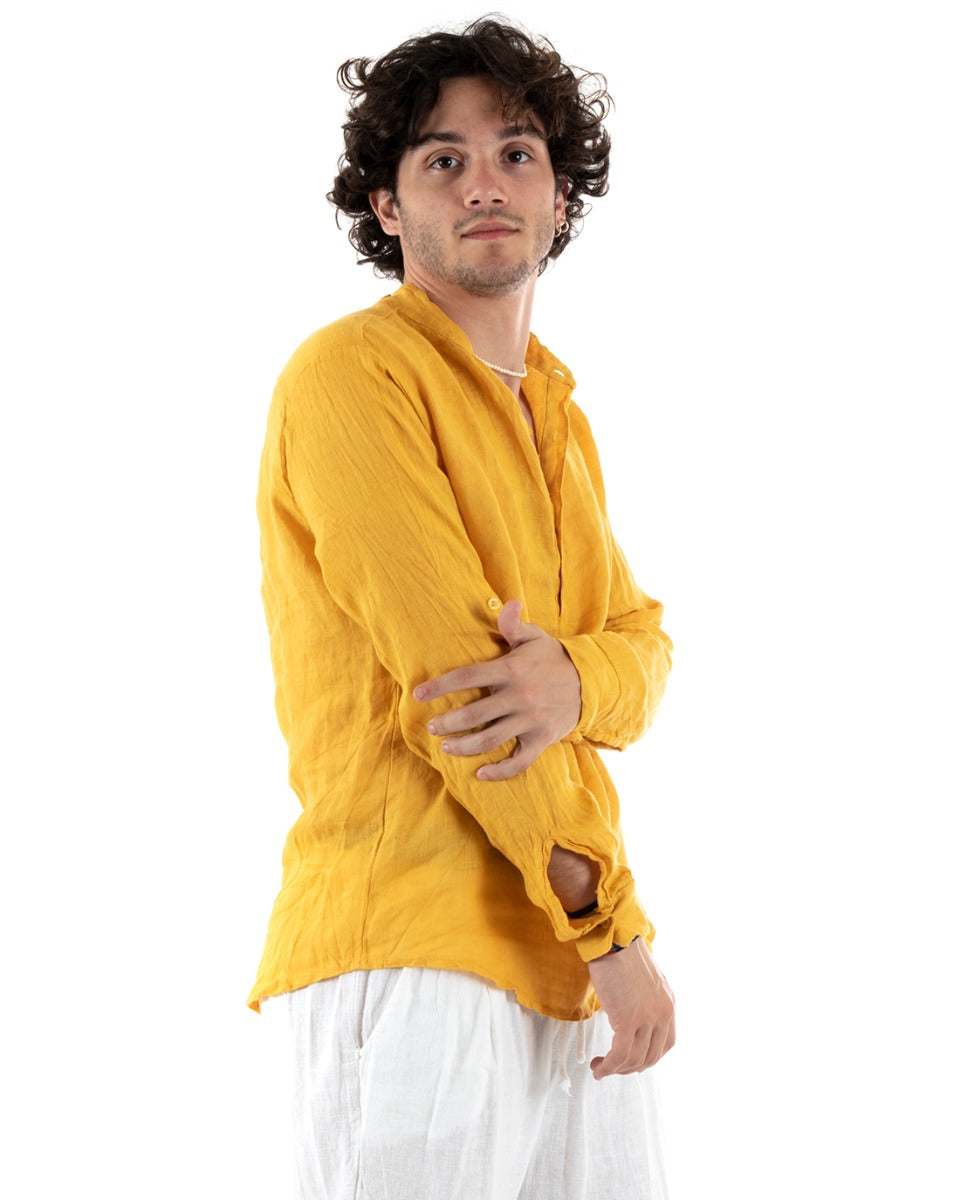 Camicia Uomo Lino Collo Serafino Mezzo Bottone Tinta Unita Casacca Senape GIOSAL-C2798A