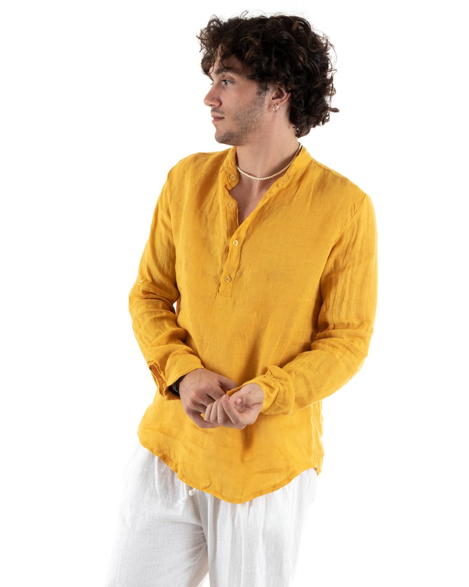 Camicia Uomo Lino Collo Serafino Mezzo Bottone Tinta Unita Casacca Senape GIOSAL-C2798A