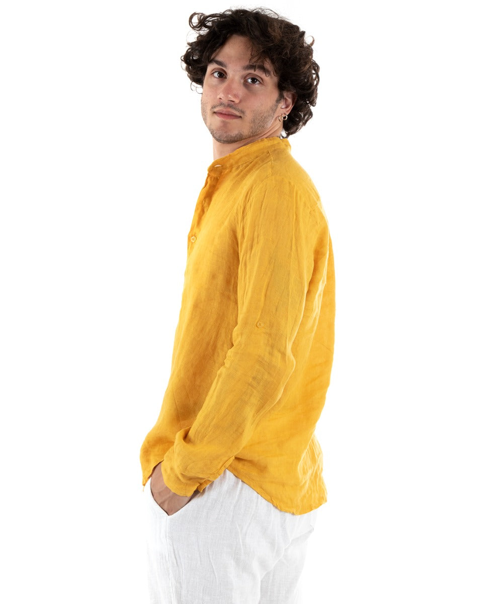 Camicia Uomo Lino Collo Serafino Mezzo Bottone Tinta Unita Casacca Senape GIOSAL-C2798A