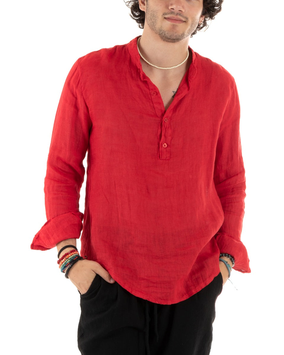 Camicia Uomo Lino Collo Serafino Mezzo Bottone Tinta Unita Casacca Rosso GIOSAL-C2907A