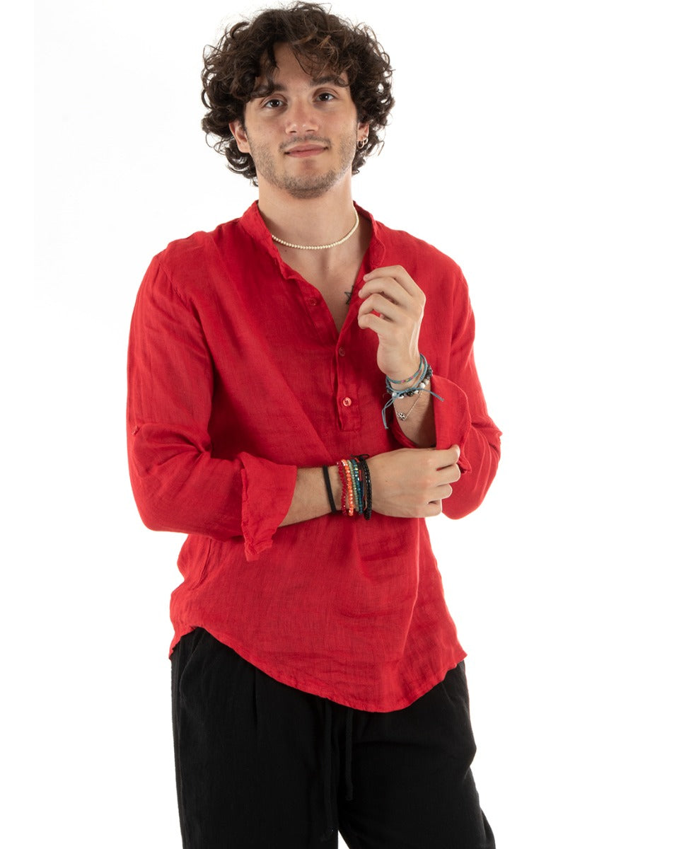 Camicia Uomo Lino Collo Serafino Mezzo Bottone Tinta Unita Casacca Rosso GIOSAL-C2907A
