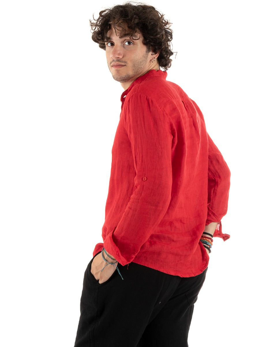 Camicia Uomo Lino Collo Serafino Mezzo Bottone Tinta Unita Casacca Rosso GIOSAL-C2907A