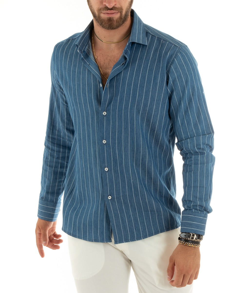 Camicia Uomo Con Colletto Manica Lunga Fantasia Rigata Cotone Jeans Denim GIOSAL-C2803A