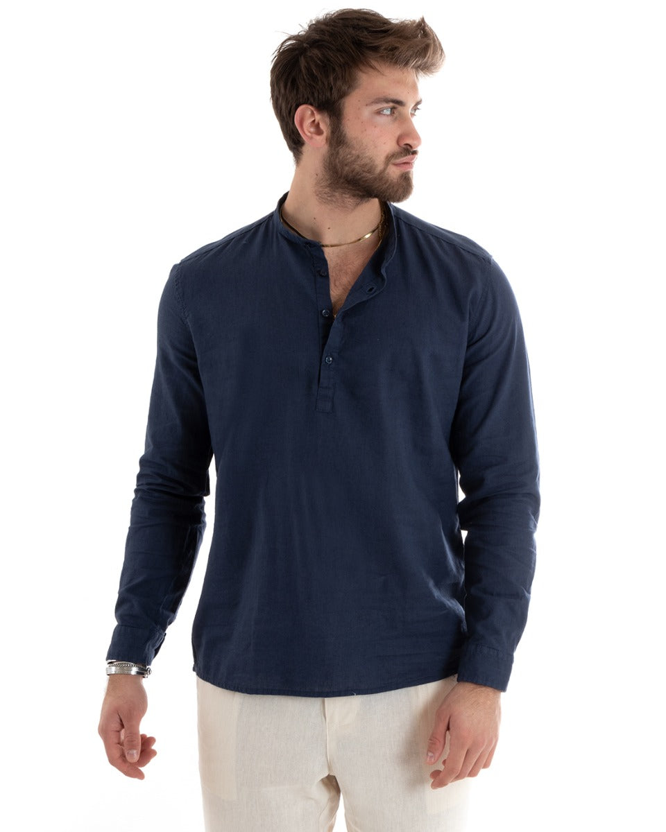 Camicia Uomo Serafino Casacca Maniche Lunghe Lino Tinta Unita Sartoriale Blu GIOSAL-C2804A