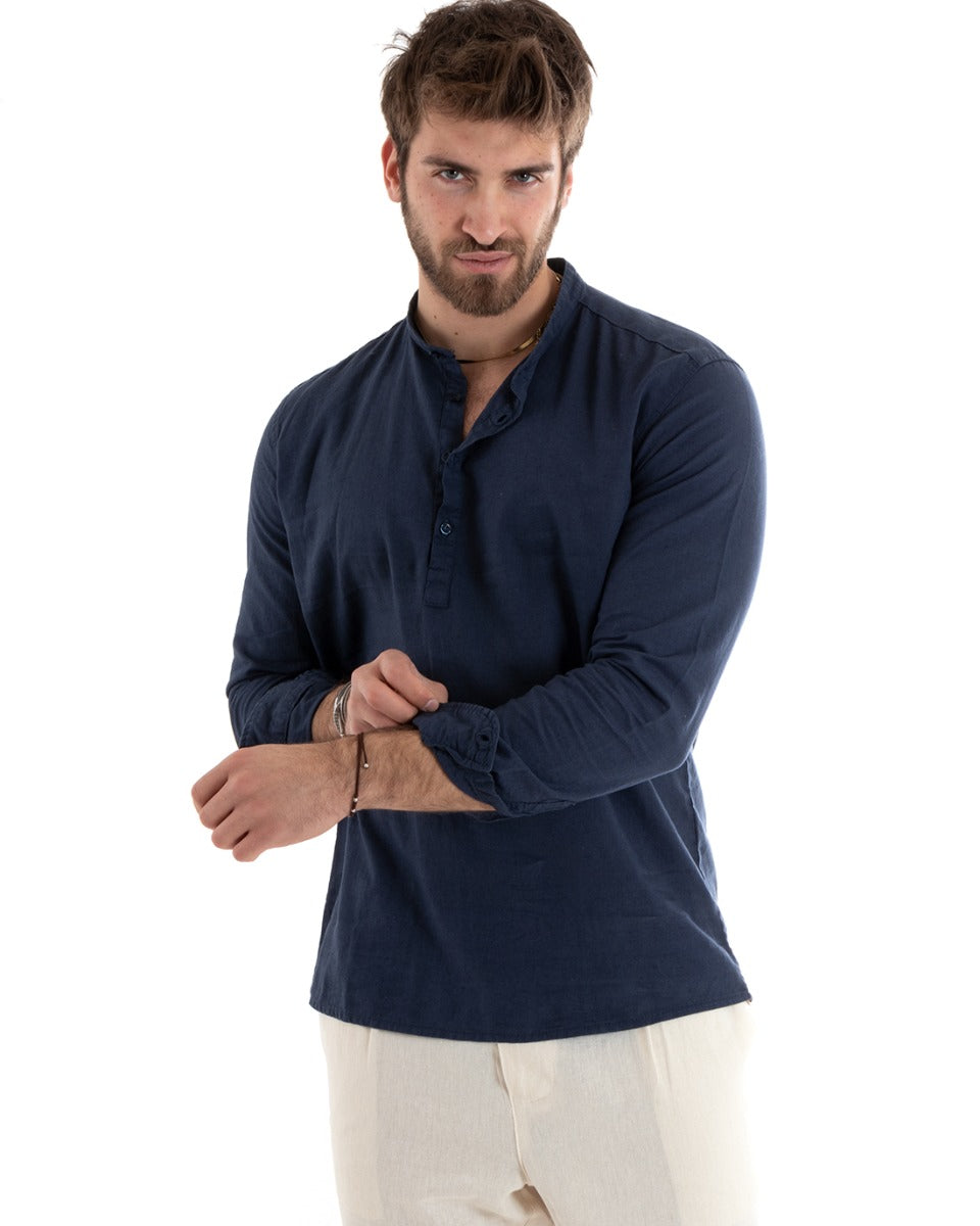 Camicia Uomo Serafino Casacca Maniche Lunghe Lino Tinta Unita Sartoriale Blu GIOSAL-C2804A