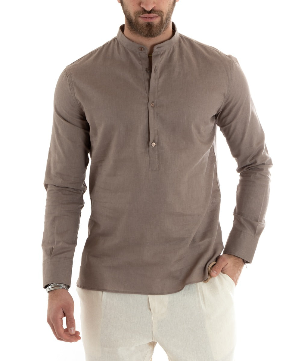 Camicia Uomo Serafino Casacca Maniche Lunghe Lino Tinta Unita Sartoriale Fango GIOSAL-C2807A