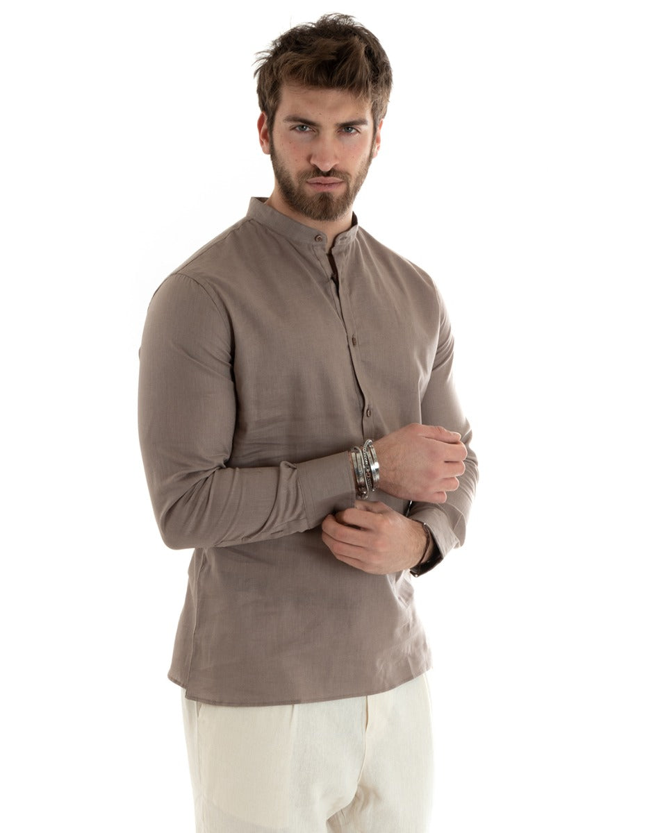 Camicia Uomo Serafino Casacca Maniche Lunghe Lino Tinta Unita Sartoriale Fango GIOSAL-C2807A