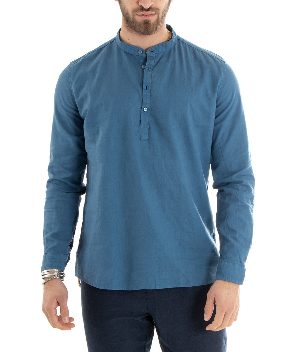 Camicia Uomo Serafino Casacca Maniche Lunghe Lino Tinta Unita Sartoriale Avio GIOSAL-C2809A