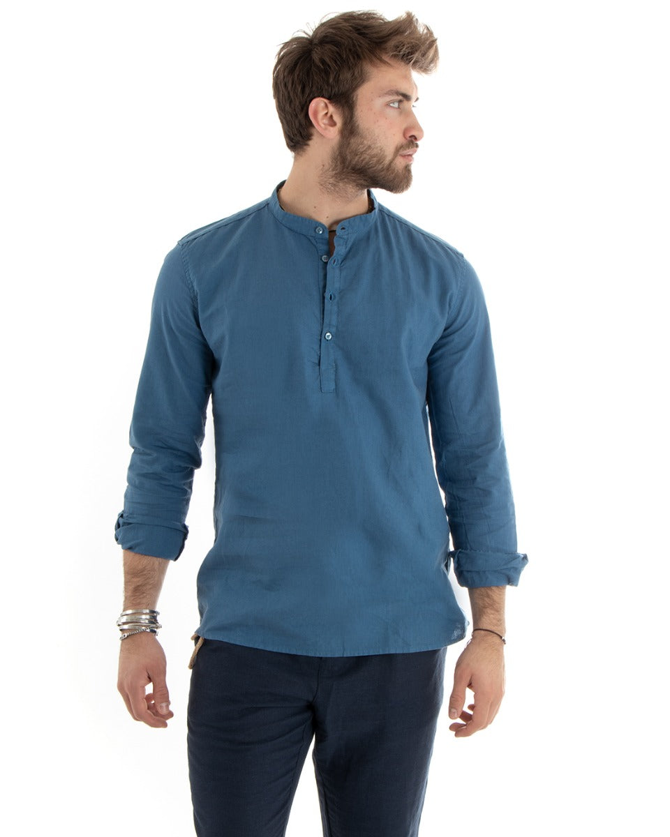 Camicia Uomo Serafino Casacca Maniche Lunghe Lino Tinta Unita Sartoriale Avio GIOSAL-C2809A