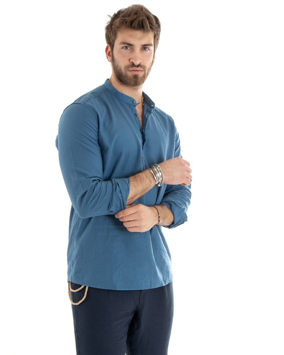 Camicia Uomo Serafino Casacca Maniche Lunghe Lino Tinta Unita Sartoriale Avio GIOSAL-C2809A