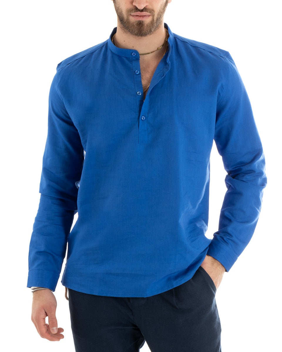 Camicia Uomo Serafino Casacca Maniche Lunghe Lino Tinta Unita Sartoriale Blu Royal GIOSAL-C2810A