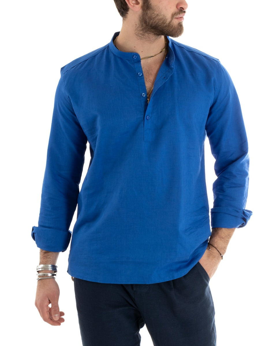 Camicia Uomo Serafino Casacca Maniche Lunghe Lino Tinta Unita Sartoriale Blu Royal GIOSAL-C2810A